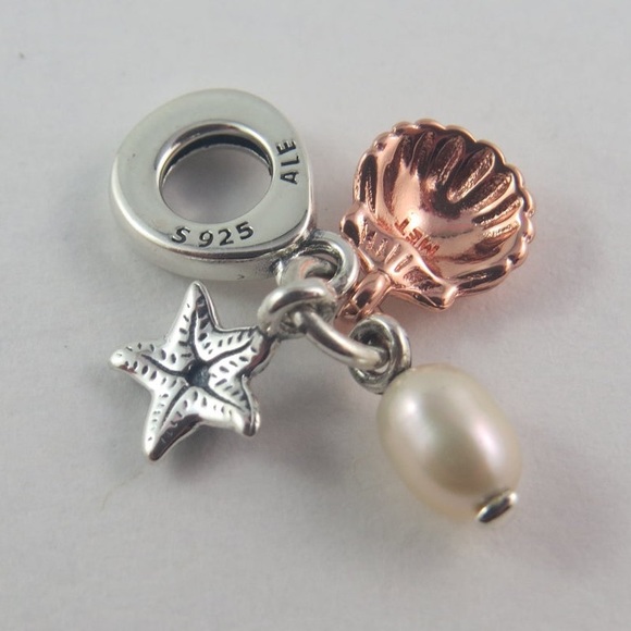 Pandora freshwater cultured pearl, starfish and rose gold shell, dangle charm. - Picture 4 of 8